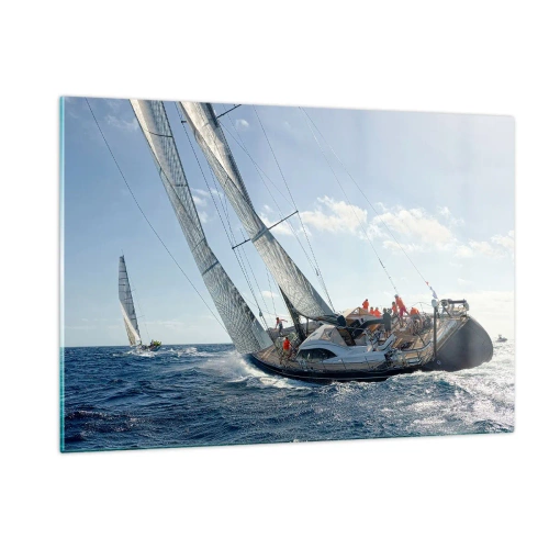 Impression sur verre - Image sur verre - Des yachts de course en pleine mer avec le vent dans les voiles - 120x80cm - Que le meilleur l'emporte - Décoration murale moderne pour le salon et la chambre ARTTOR
