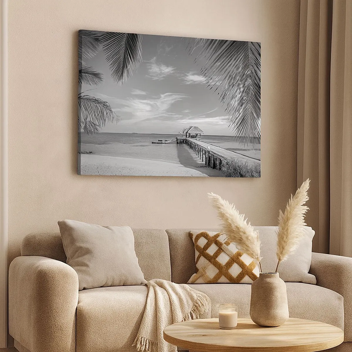 Impression sur toile - Image sur toile - Plage noire et blanche avec jetée et palmiers sur une côte tropicale - 70x50cm - Souvenirs ou rêve? - Décoration murale moderne pour le salon et la chambre ARTTOR