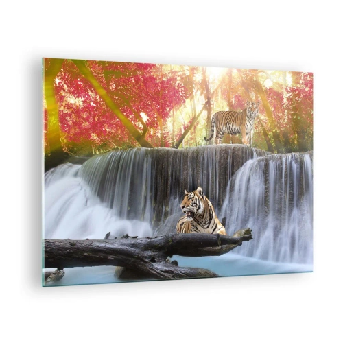 Impression sur verre - Image sur verre - Tigres contre une cascade et un paysage d'automne - 70x50cm - Paysage surréaliste - Décoration murale moderne pour le salon et la chambre ARTTOR