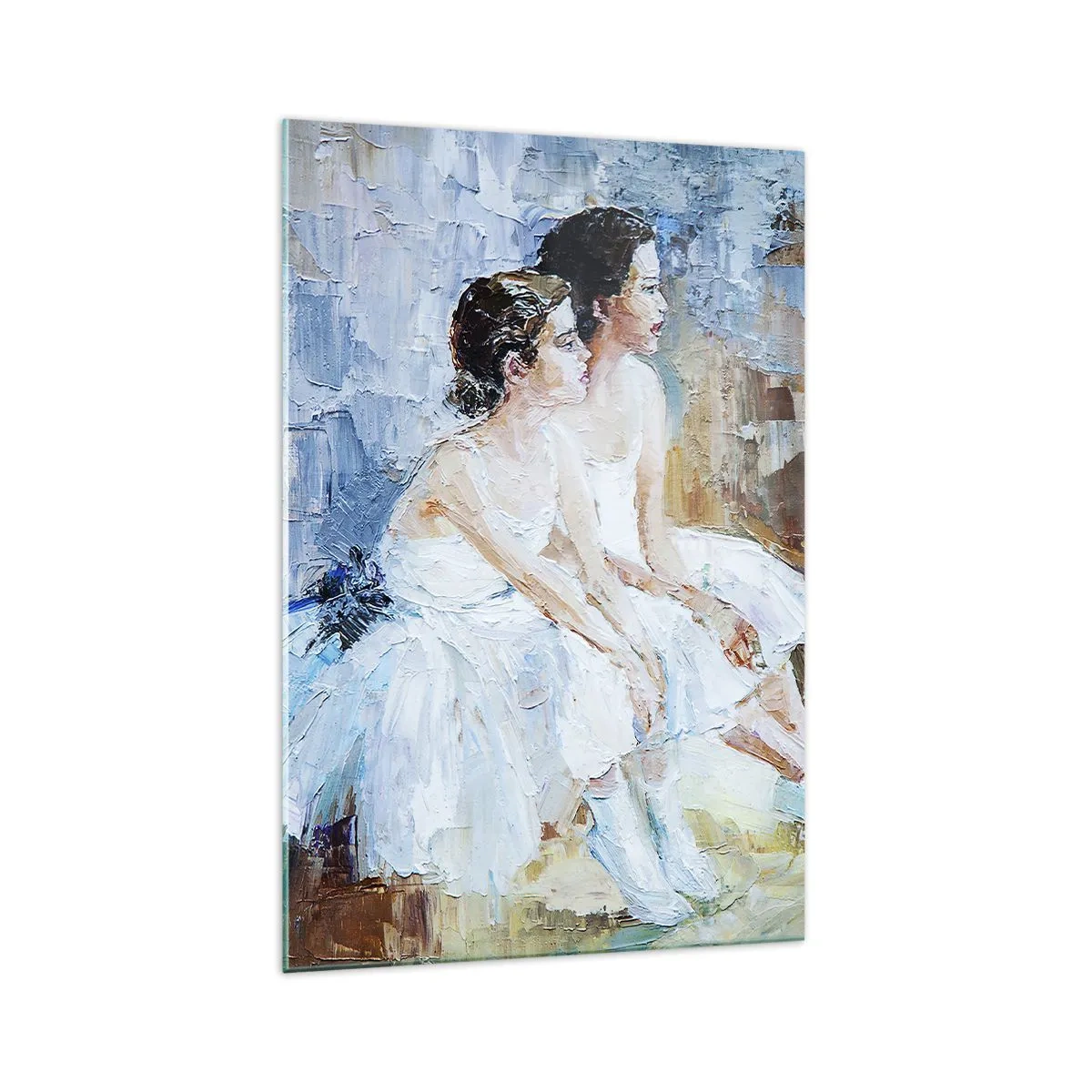 Impression sur verre - Image sur verre - Deux ballerines en tenue blanche se détendent sur un fond pastel. - 70x100cm - Reste de jeunes cygnes - Décoration murale moderne pour le salon et la chambre ARTTOR