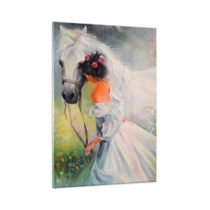 Impression sur verre - Image sur verre - Une femme en robe blanche avec un cheval blanc dans un pré plein de fleurs. - 50x70cm - Comme dans un beau rêve - Décoration murale moderne pour le salon et la chambre ARTTOR