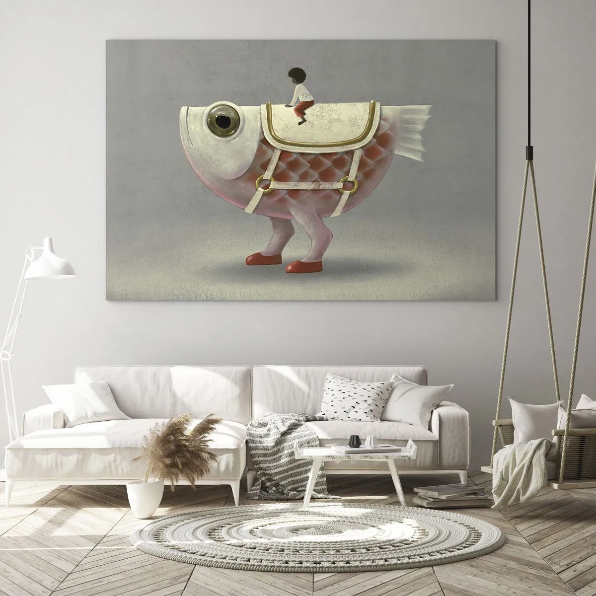 Impression sur verre - Image sur verre - Une figure chevauchant un poisson rose avec des jambes et une selle - 120x80cm - Le cavalier poisson - Décoration murale moderne pour le salon et la chambre ARTTOR