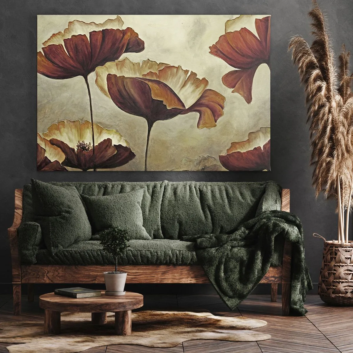 Impression sur toile - Image sur toile - Fleurs subtiles dans des tons de rouge et d'or sur un fond clair - 120x80cm - À la lisière des champs - Décoration murale moderne pour le salon et la chambre ARTTOR