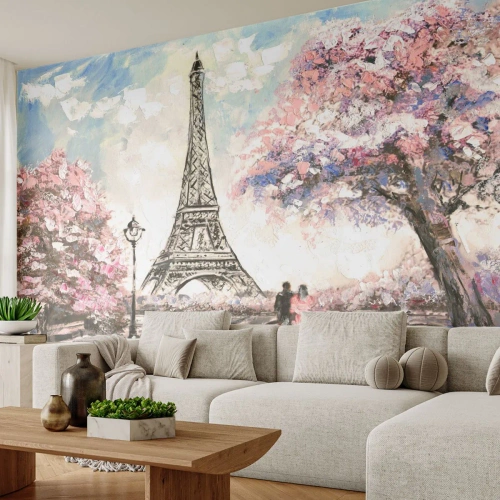 Papier Peint Photo Premium Sand - Balade d'avril à Paris - Ville, tour Eiffel, Allée du parc - 300x210 cm