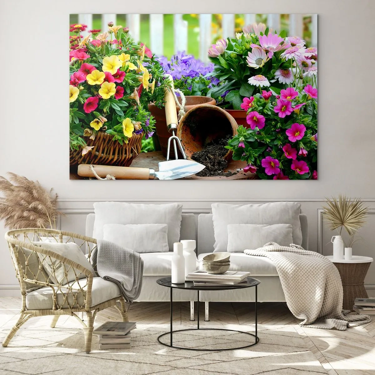 Impression sur verre - Image sur verre - Fleurs colorées dans des pots avec des outils de jardinage - 70x50cm - Le jardin de Zosia - Décoration murale moderne pour le salon et la chambre ARTTOR