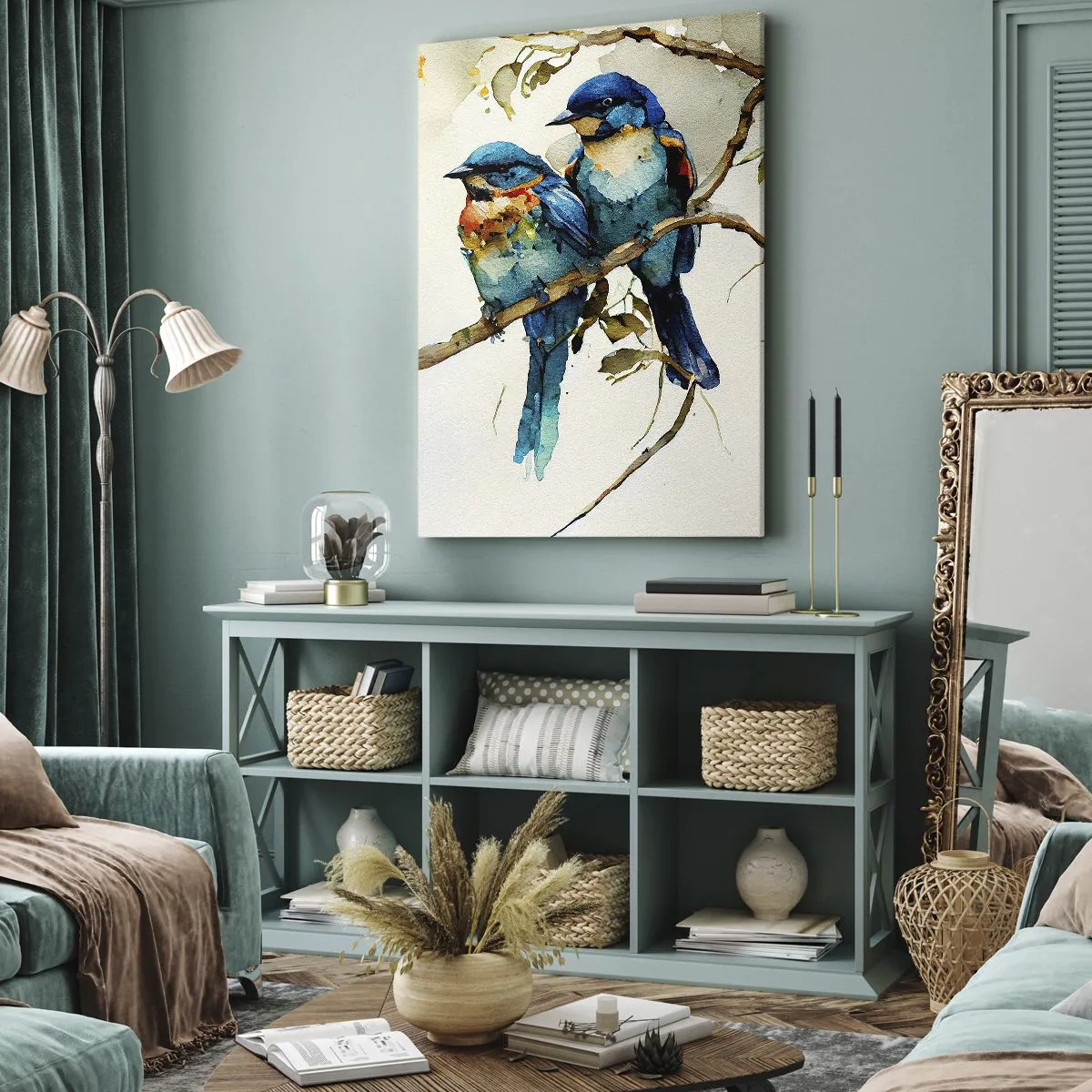 Impression sur toile - Image sur toile - Trois oiseaux colorés sur une branche dans un style aquarelle - 70x100cm - A-t-il été offensé ? - Décoration murale moderne pour le salon et la chambre ARTTOR