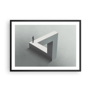 Affiche dans un cadre noir - Poster - Une figure debout sur un triangle de Penrose dans des tons de gris. - 70x50cm - Mais c'est possible - Décoration murale moderne pour le salon et la chambre ARTTOR