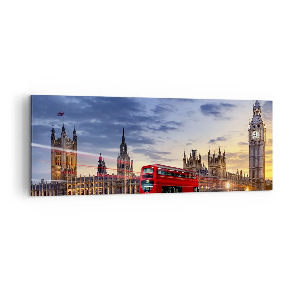 Impression sur toile - Image sur toile - Un bus rouge avec Big Ben et les Chambres du Parlement en arrière-plan au crépuscule. - 140x50cm - Caractères spéciaux - Décoration murale moderne pour le salon et la chambre ARTTOR