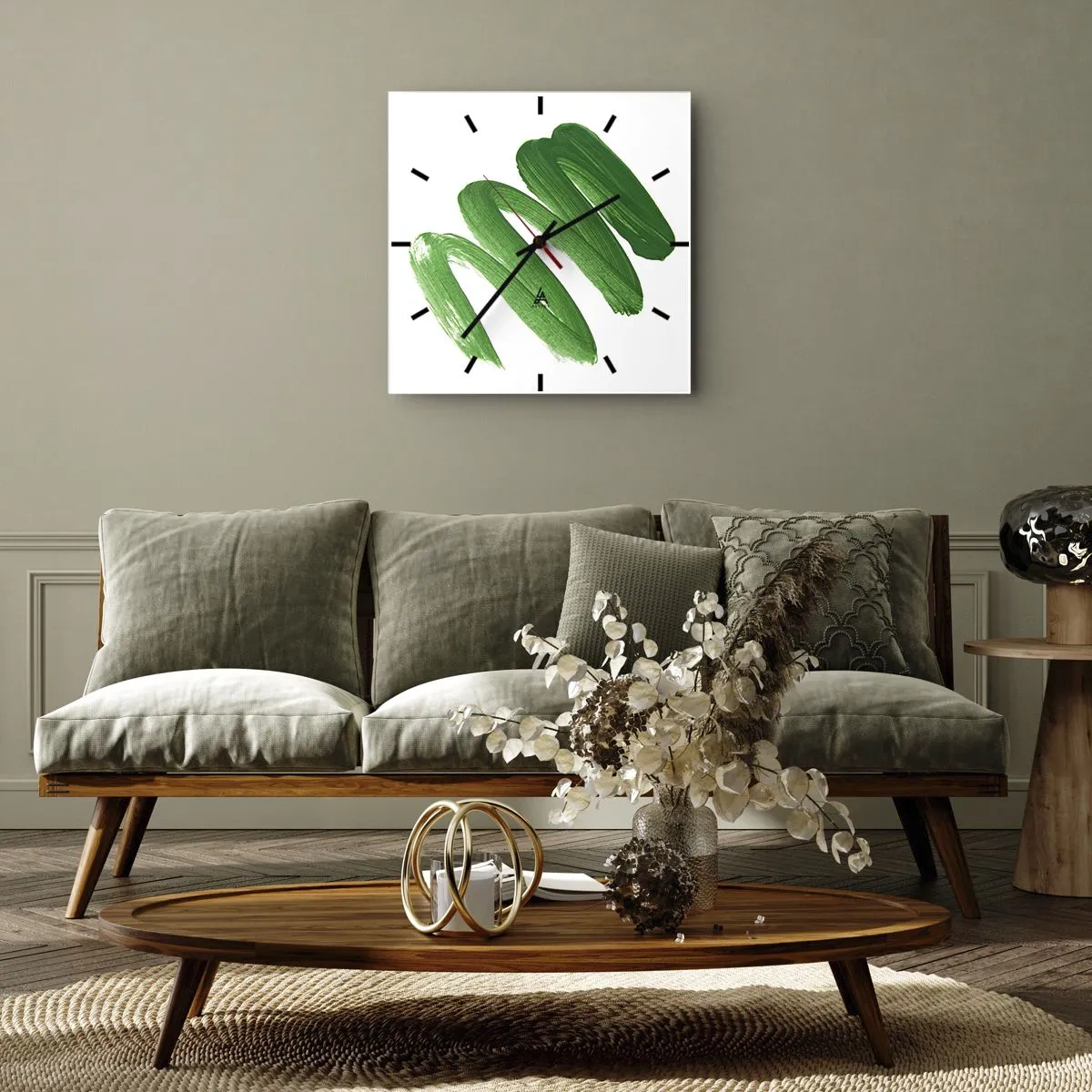 Horloge murale - Pendule murale - Coup de pinceau abstrait vert sur fond blanc - 30x30cm - Blague verte - Décoration murale moderne pour le salon et la chambre ARTTOR