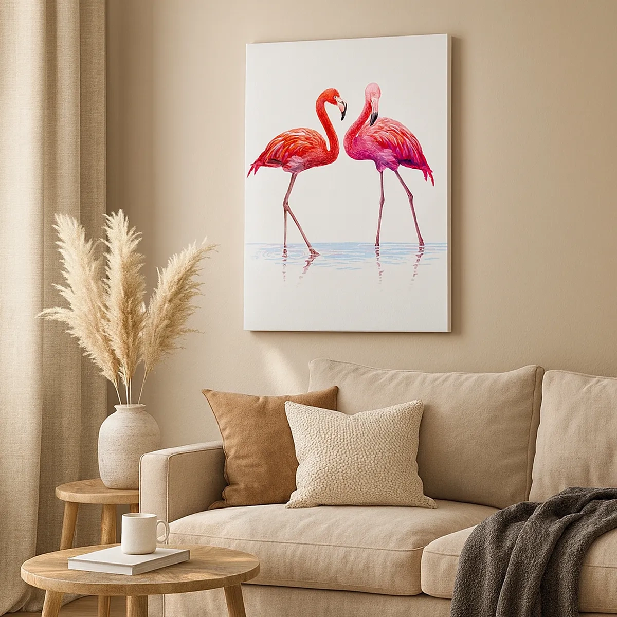 Impression sur toile - Image sur toile - Une paire de flamants roses dans l'eau sur un fond clair - 50x70cm - Rendez-vous rose - Décoration murale moderne pour le salon et la chambre ARTTOR