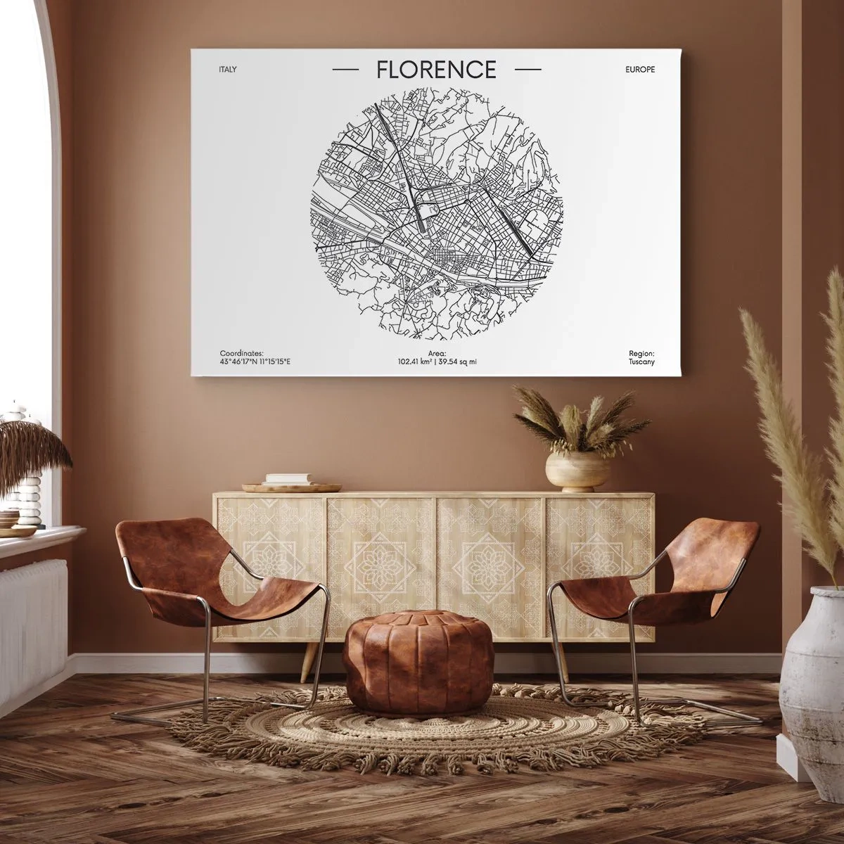 Impression sur toile - Image sur toile - Une carte de Florence dans un style minimaliste en noir et blanc - 70x50cm - Anatomie de Florence - Décoration murale moderne pour le salon et la chambre ARTTOR