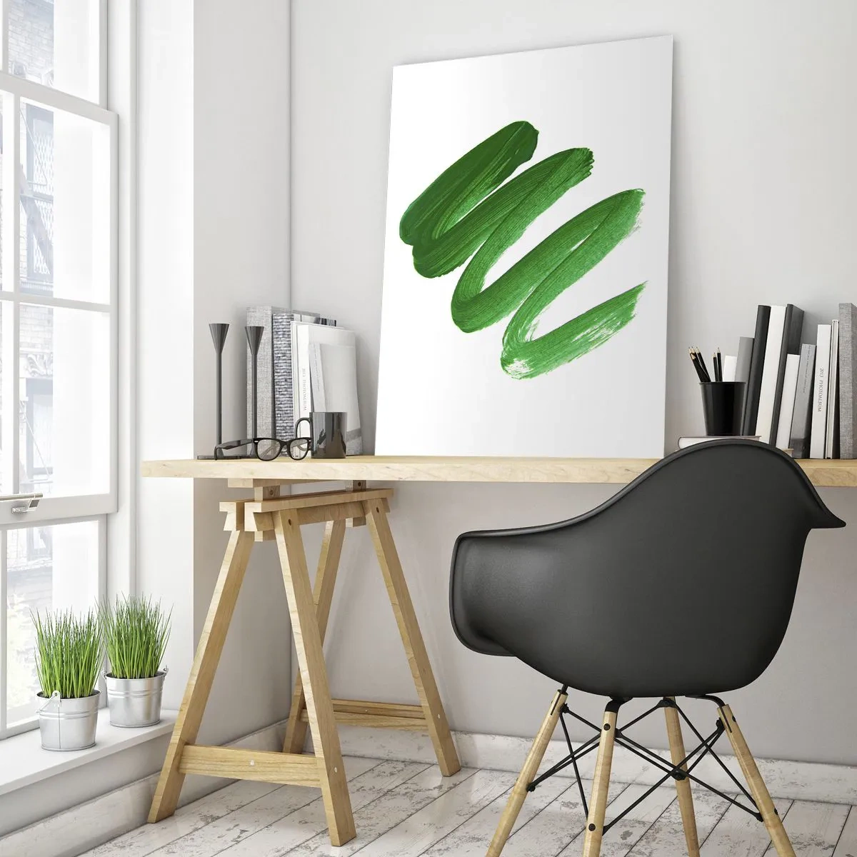 Impression sur verre - Image sur verre - Coup de pinceau vert dynamique sur fond blanc - 50x70cm - Blague verte - Décoration murale moderne pour le salon et la chambre ARTTOR