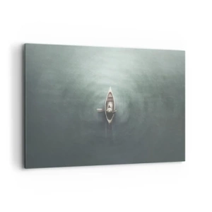 Impression sur toile - Image sur toile - Un bateau solitaire sur une eau calme dans un décor minimaliste - 120x80cm - À travers le lac de la lune - Décoration murale moderne pour le salon et la chambre ARTTOR