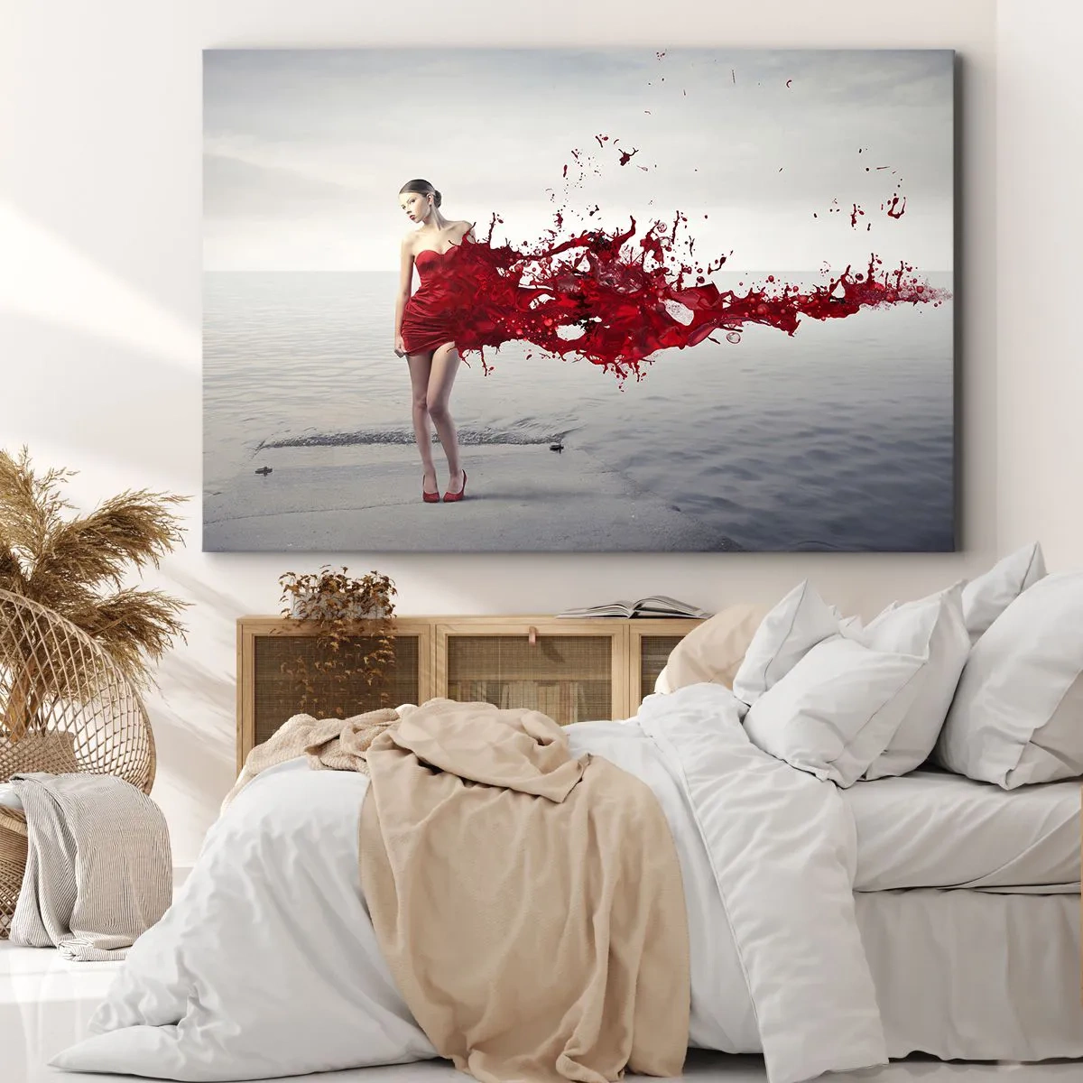 Impression sur toile - Image sur toile - Une femme en robe rouge dans une composition artistique au bord de l'eau - 120x80cm - Passionné comme l'écarlate - Décoration murale moderne pour le salon et la chambre ARTTOR