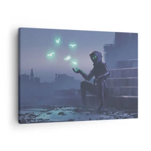 Impression sur toile - Image sur toile - Une silhouette encapuchonnée avec des oiseaux magiques en arrière-plan d'une ville - 70x50cm - La vie reviendra - Décoration murale moderne pour le salon et la chambre ARTTOR