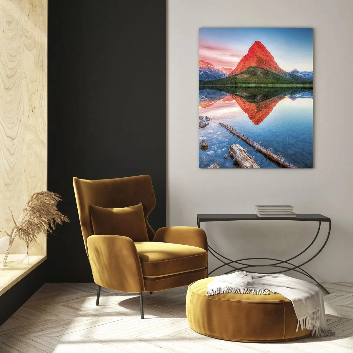 Impression sur verre - Image sur verre - Une montagne se reflétant dans un lac au coucher du soleil - 80x120cm - Chaleur et fraicheur - Décoration murale moderne pour le salon et la chambre ARTTOR