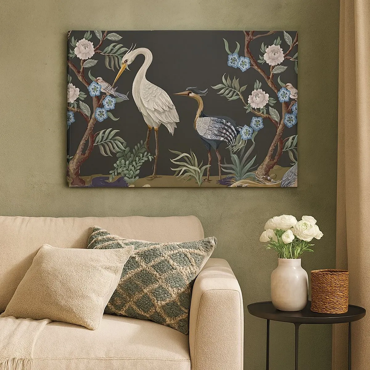 Impression sur toile - Image sur toile - Oiseaux et plantes peints sur un fond sombre avec un motif élégant - 70x50cm - Parade d'oiseaux - Décoration murale moderne pour le salon et la chambre ARTTOR