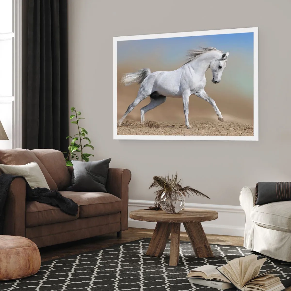 Affiche - Poster - Un cheval blanc galopant à travers un paysage désertique - 100x70cm - Le plus beau conte de fées arabe - Décoration murale moderne pour le salon et la chambre ARTTOR