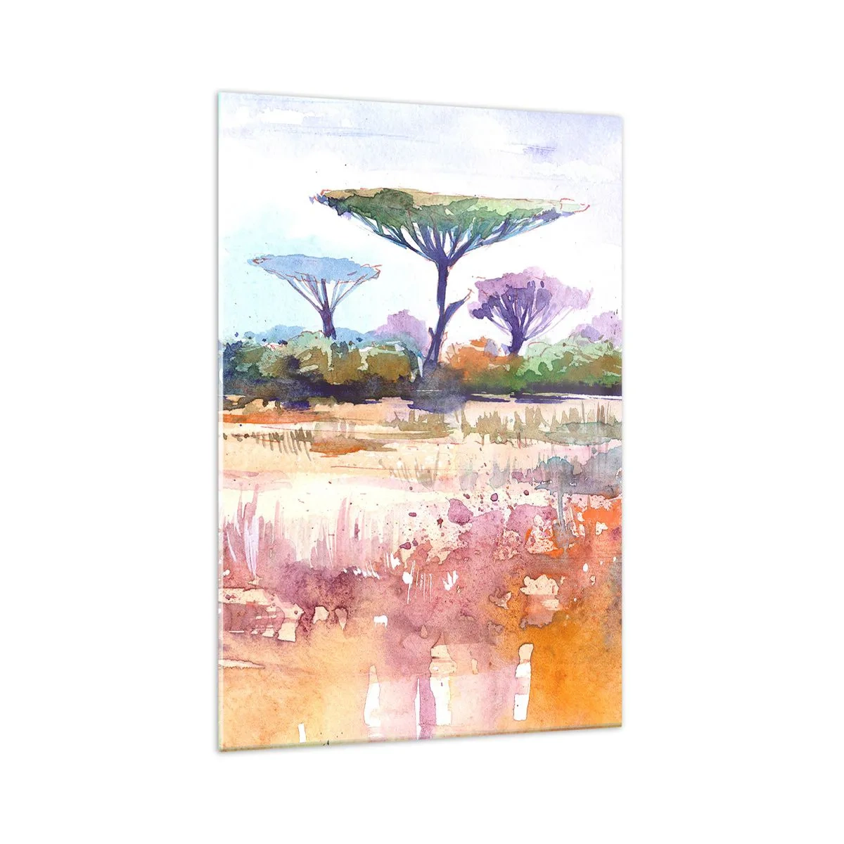 Impression sur verre - Image sur verre - Un paysage de savane pittoresque aux couleurs aquarelles - 70x100cm - Couleurs de savane - Décoration murale moderne pour le salon et la chambre ARTTOR