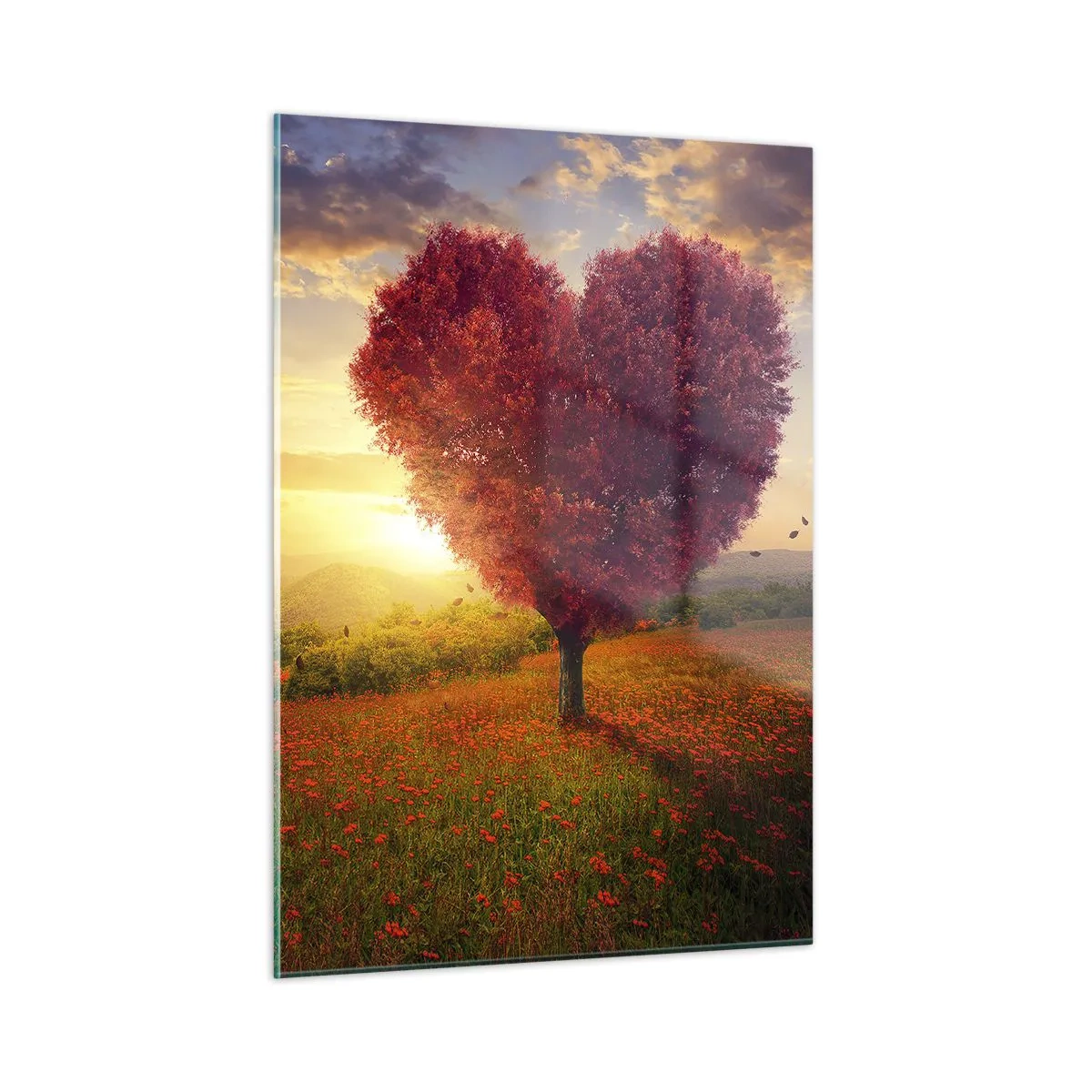 Impression sur verre - Image sur verre - Un arbre en forme de cœur dans un champ au coucher du soleil - 50x70cm - Touche le cœur - Décoration murale moderne pour le salon et la chambre ARTTOR