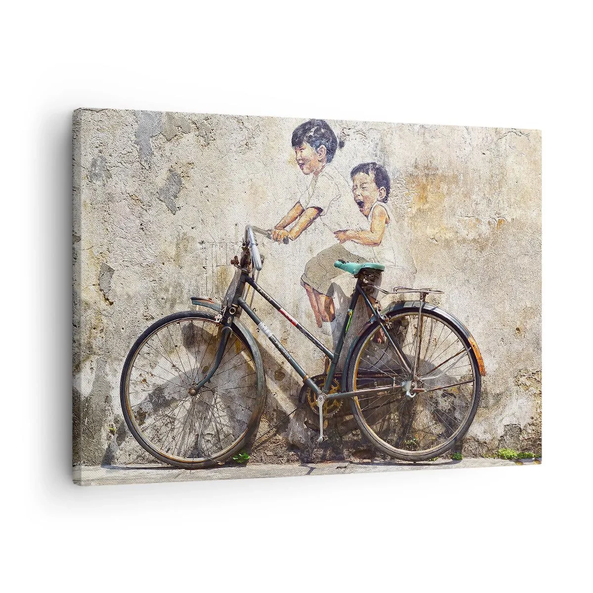 Impression sur toile - Image sur toile - Street art avec un vélo et des dessins d'enfants sur le mur - 70x50cm - Vrai ou faux? - Décoration murale moderne pour le salon et la chambre ARTTOR