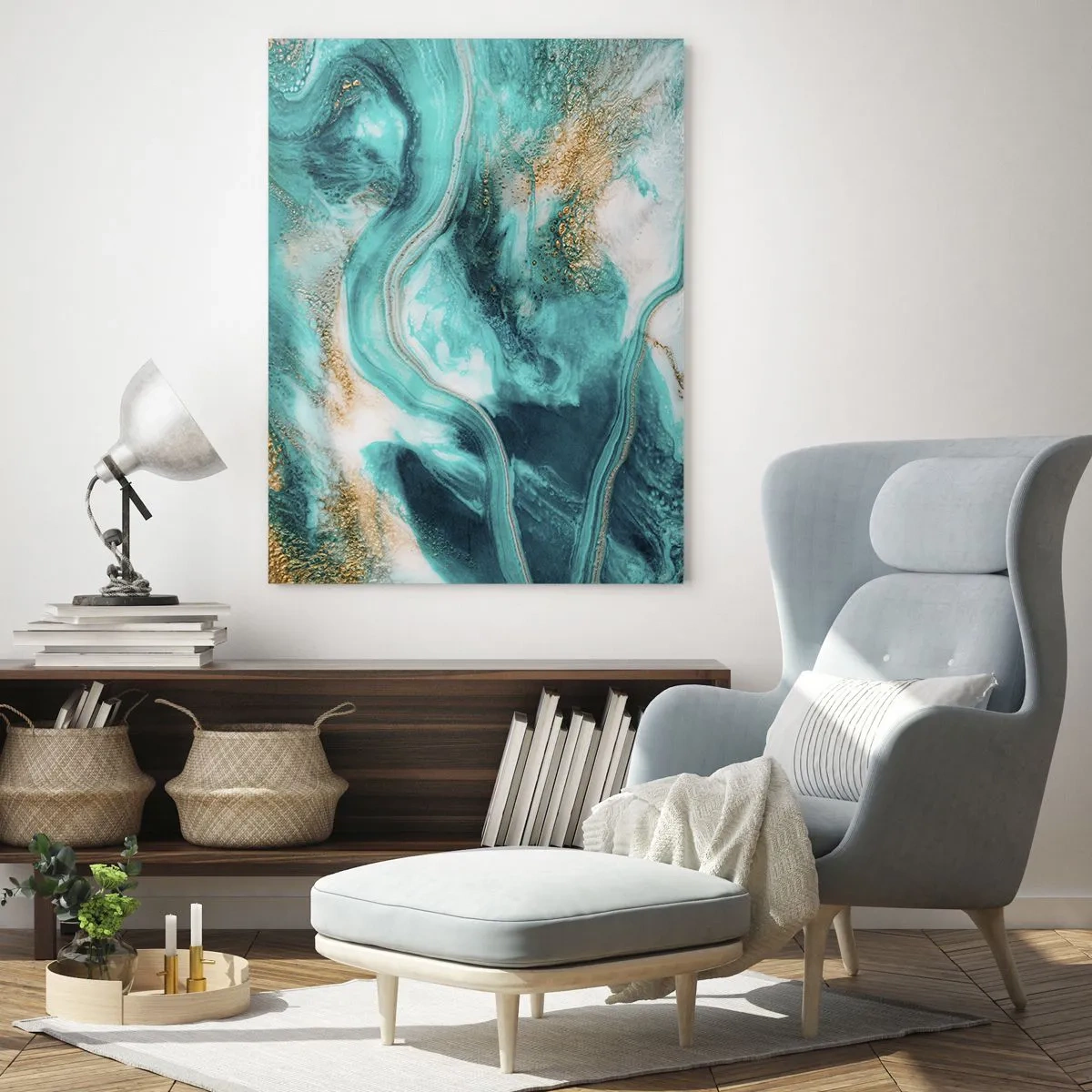 Impression sur verre - Image sur verre - Abstraction turquoise avec des accents blancs et dorés - 80x120cm - Rivière d'or - Décoration murale moderne pour le salon et la chambre ARTTOR