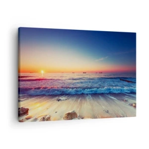 Impression sur toile - Image sur toile - Coucher de soleil sur une mer calme avec des vagues - 70x50cm - Mais quel horizon ? - Décoration murale moderne pour le salon et la chambre ARTTOR