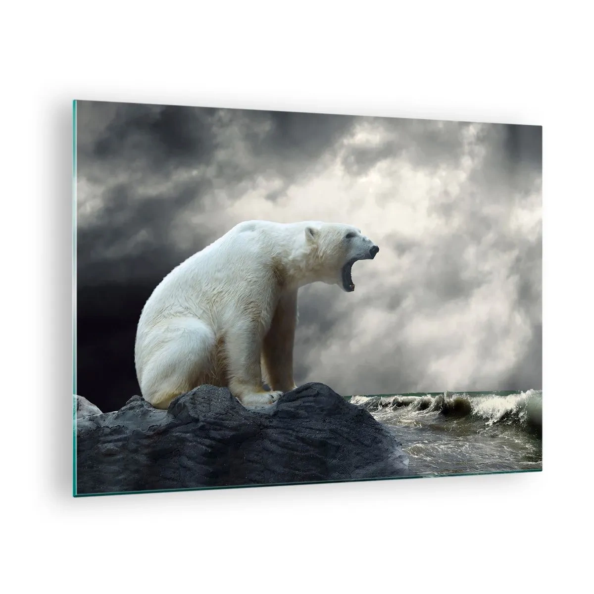 Impression sur verre - Image sur verre - Un ours polaire contre un ciel orageux - 70x50cm - Roi solitaire de l'Arctique - Décoration murale moderne pour le salon et la chambre ARTTOR