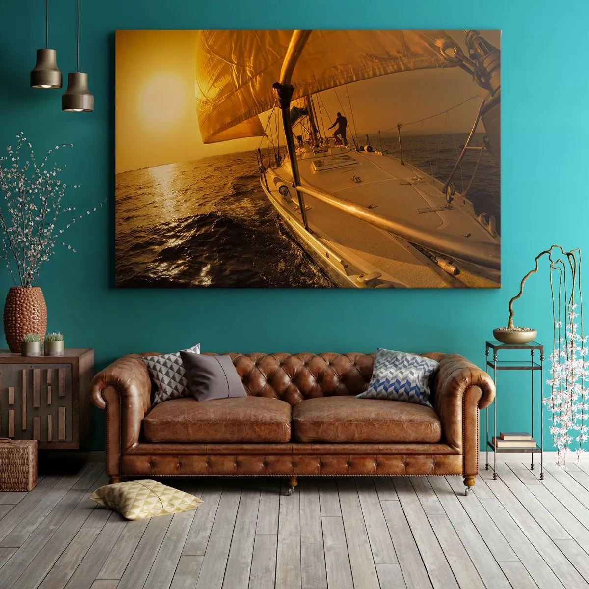 Impression sur toile - Image sur toile - Voilier en mer au coucher du soleil, lueur dorée. - 100x70cm - Une soirée en por après une journée haute en couleurs - Décoration murale moderne pour le salon et la chambre ARTTOR