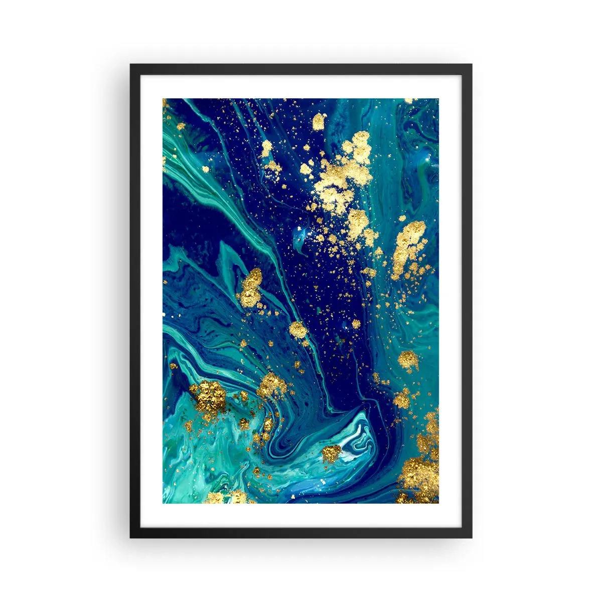Affiche dans un cadre noir - Poster - Motif abstrait dans les tons de bleu et d'or - 50x70cm - Les pétales du soleil - Décoration murale moderne pour le salon et la chambre ARTTOR