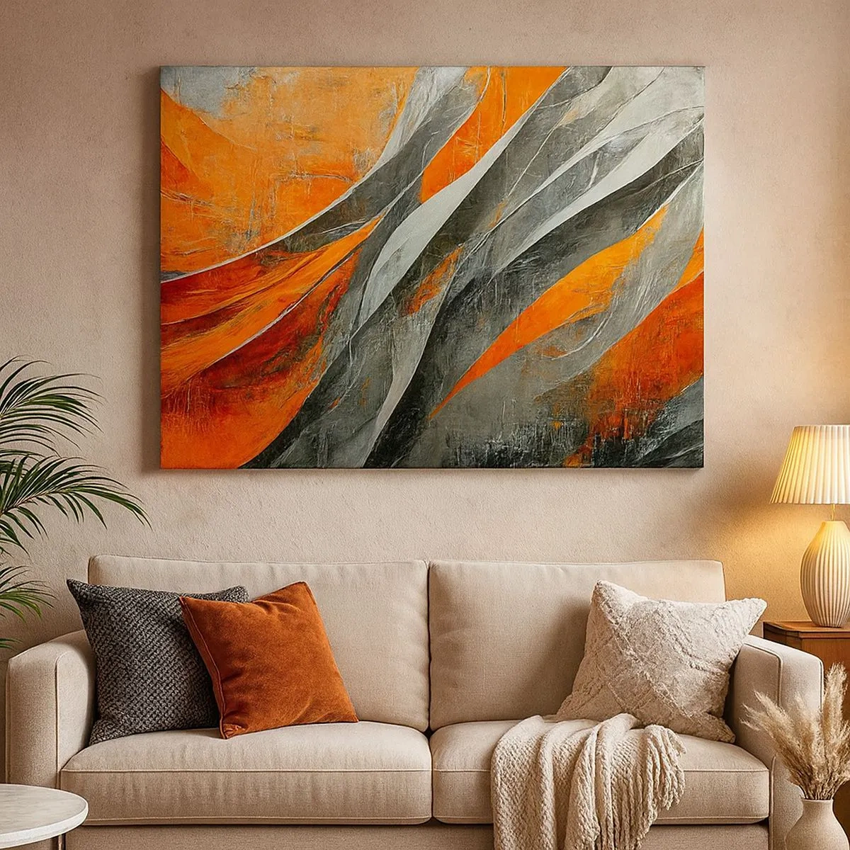 Impression sur toile - Image sur toile - Lignes abstraites dans les tons orange et gris - 70x50cm - Chaleur et froid - Décoration murale moderne pour le salon et la chambre ARTTOR