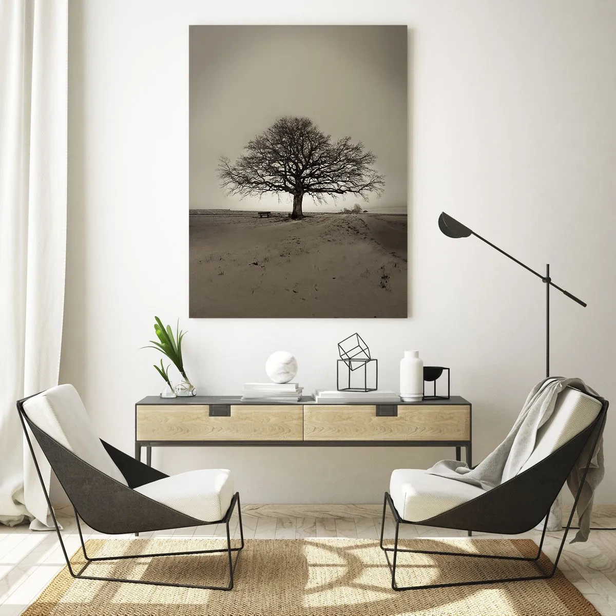 Impression sur verre - Image sur verre - Un arbre solitaire dans un paysage monochrome - 50x70cm - D'ici à l'éternité - Décoration murale moderne pour le salon et la chambre ARTTOR