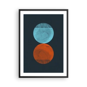 Affiche dans un cadre noir - Poster - Deux cercles – bleu et orange sur fond bleu marine - 50x70cm - Seulement la géométrie ? - Décoration murale moderne pour le salon et la chambre ARTTOR