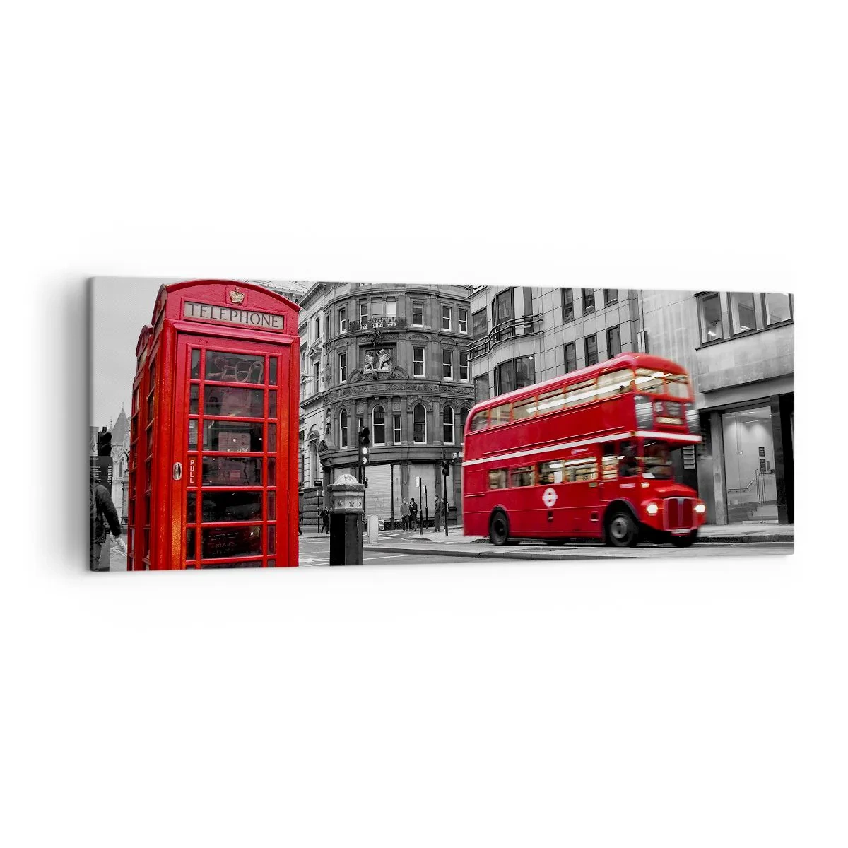 Impression sur toile - Image sur toile - Une cabine téléphonique rouge et un bus à impériale à Londres avec la ville en arrière-plan - 140x50cm - Le plus rouge d'Europe - Décoration murale moderne pour le salon et la chambre ARTTOR