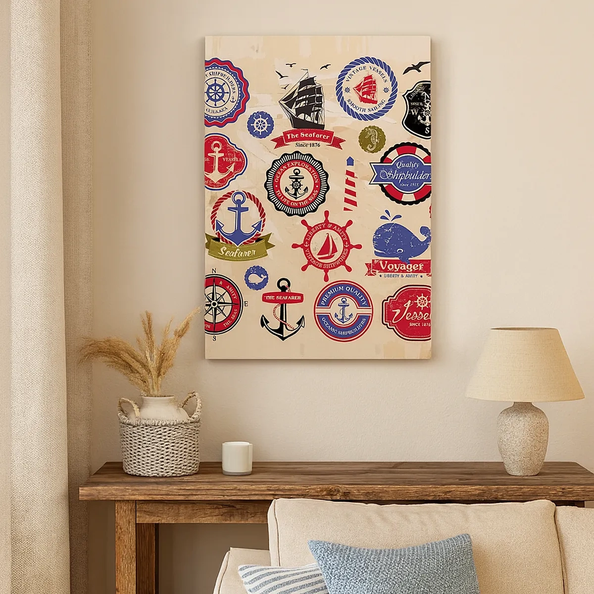 Impression sur toile - Image sur toile - Une collection de graphiques et de symboles nautiques sur fond clair - 50x70cm - La fraternité de la voile - Décoration murale moderne pour le salon et la chambre ARTTOR