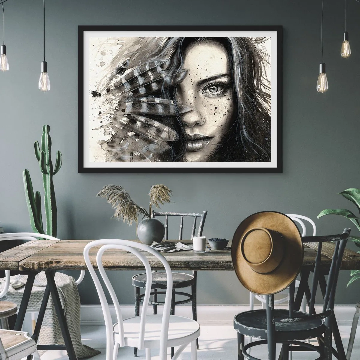 Affiche dans un cadre noir - Poster - Portrait artistique d'une femme avec des détails abstraits - 100x70cm - Beauté sauvage - Décoration murale moderne pour le salon et la chambre ARTTOR