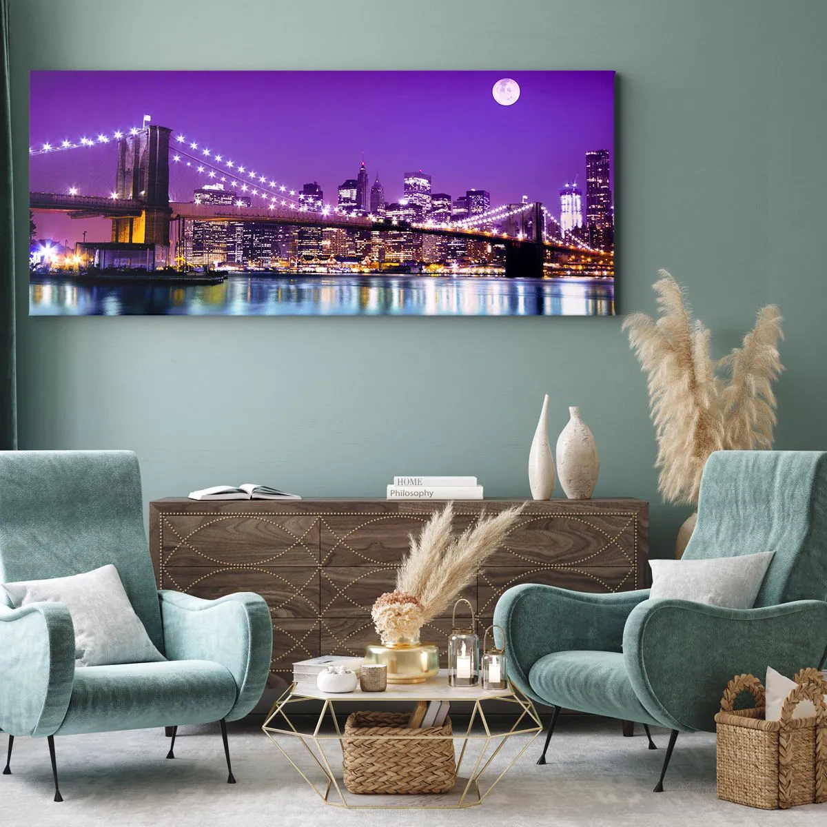 Impression sur toile - Image sur toile - Pont de Brooklyn la nuit avec la ville illuminée et la pleine lune - 120x50cm - Lumières de grande ville en violet - Décoration murale moderne pour le salon et la chambre ARTTOR