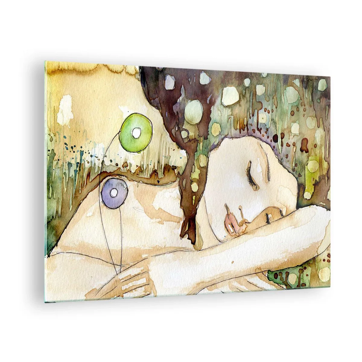 Impression sur verre - Image sur verre - Une femme endormie dans une aquarelle artistique aux couleurs chaudes. - 70x50cm - Un rêve violet émeraude - Décoration murale moderne pour le salon et la chambre ARTTOR