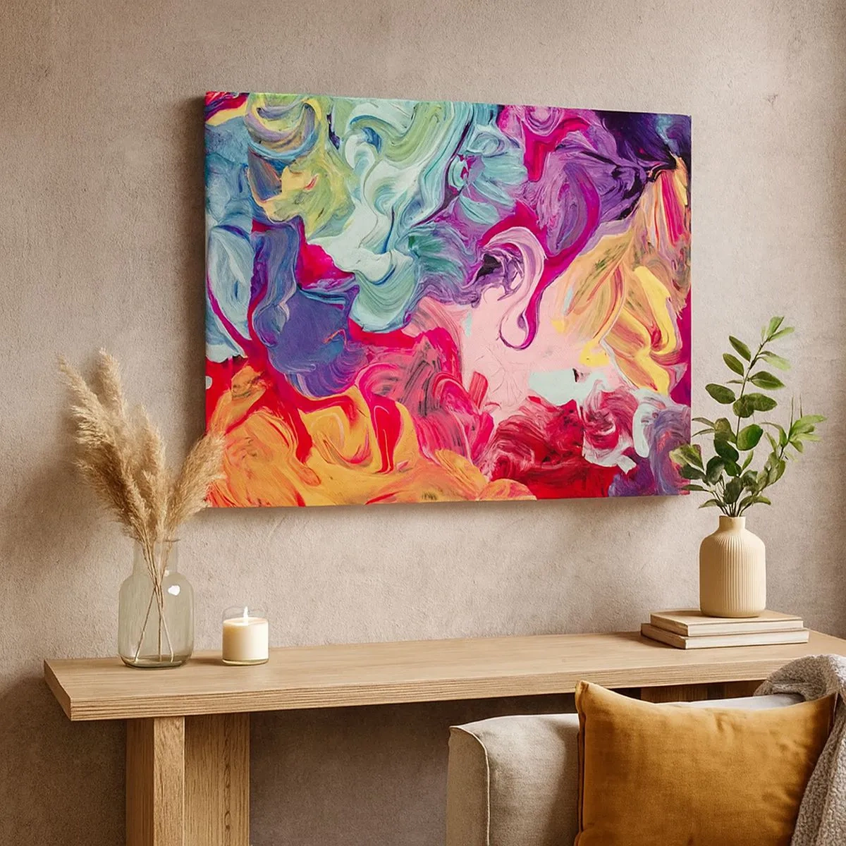 Impression sur toile - Image sur toile - Une composition abstraite aux couleurs vibrantes et tourbillonnantes et à la structure dynamique. - 70x50cm - La naissance des couleurs - Décoration murale moderne pour le salon et la chambre ARTTOR