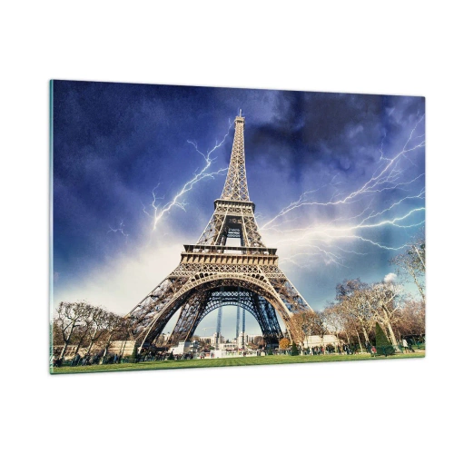 Impression sur verre - Image sur verre - La Tour Eiffel entourée d'éclairs par temps nuageux - 120x80cm - Maître des tempêtes - Décoration murale moderne pour le salon et la chambre ARTTOR