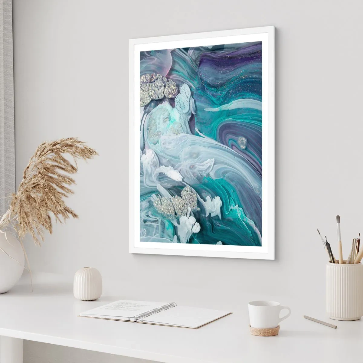 Affiche dans un cadre blanc - Poster - Courants bleus - 70x100 cm