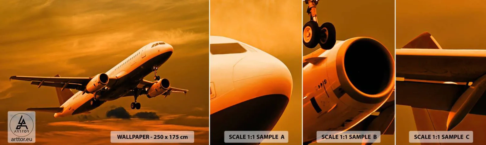 Échantillon De Papier Peint Standard Eco - Vol vers le soleil - Avion, Voyage, Coucher de soleil - 100x30 cm