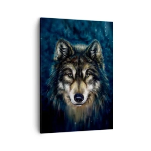 Impression sur toile - Image sur toile - Portrait d'un loup sur fond bleu foncé - 50x70cm - Alpha? Et oméga - Décoration murale moderne pour le salon et la chambre ARTTOR