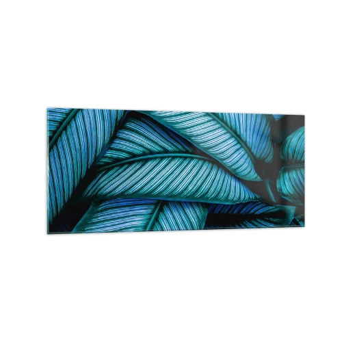 Impression sur verre - Image sur verre - Un gros plan de feuilles turquoise avec des détails vifs. - 120x50cm - Lignes de vie - Décoration murale moderne pour le salon et la chambre ARTTOR