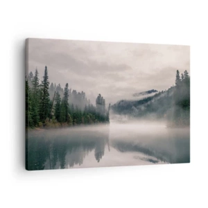 Impression sur toile - Image sur toile - Une forêt brumeuse se reflétant dans un lac calme - 70x50cm - Reflet dans le brouillard - Décoration murale moderne pour le salon et la chambre ARTTOR