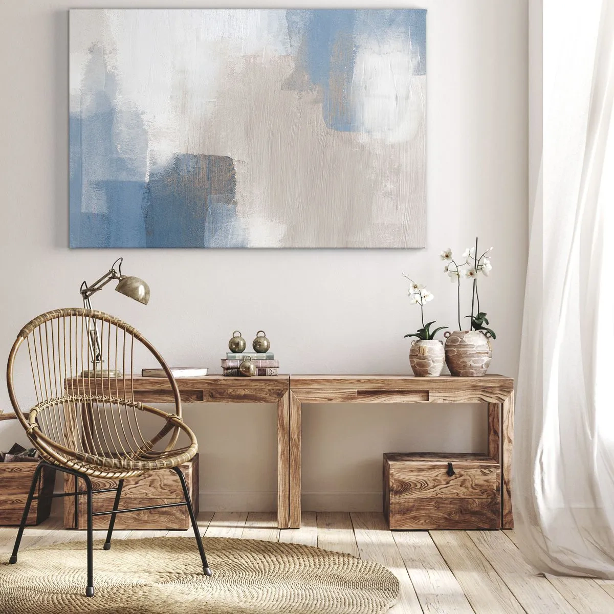 Impression sur toile - Image sur toile - Formes abstraites dans les tons de bleu et de beige - 100x70cm - Abstraction rose derrière un rideau de bleu - Décoration murale moderne pour le salon et la chambre ARTTOR