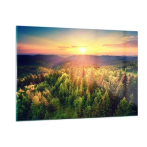 Impression sur verre - Image sur verre - Coucher de soleil sur une forêt de montagne avec vue sur les vallées - 120x80cm - Monts et sommets - Décoration murale moderne pour le salon et la chambre ARTTOR