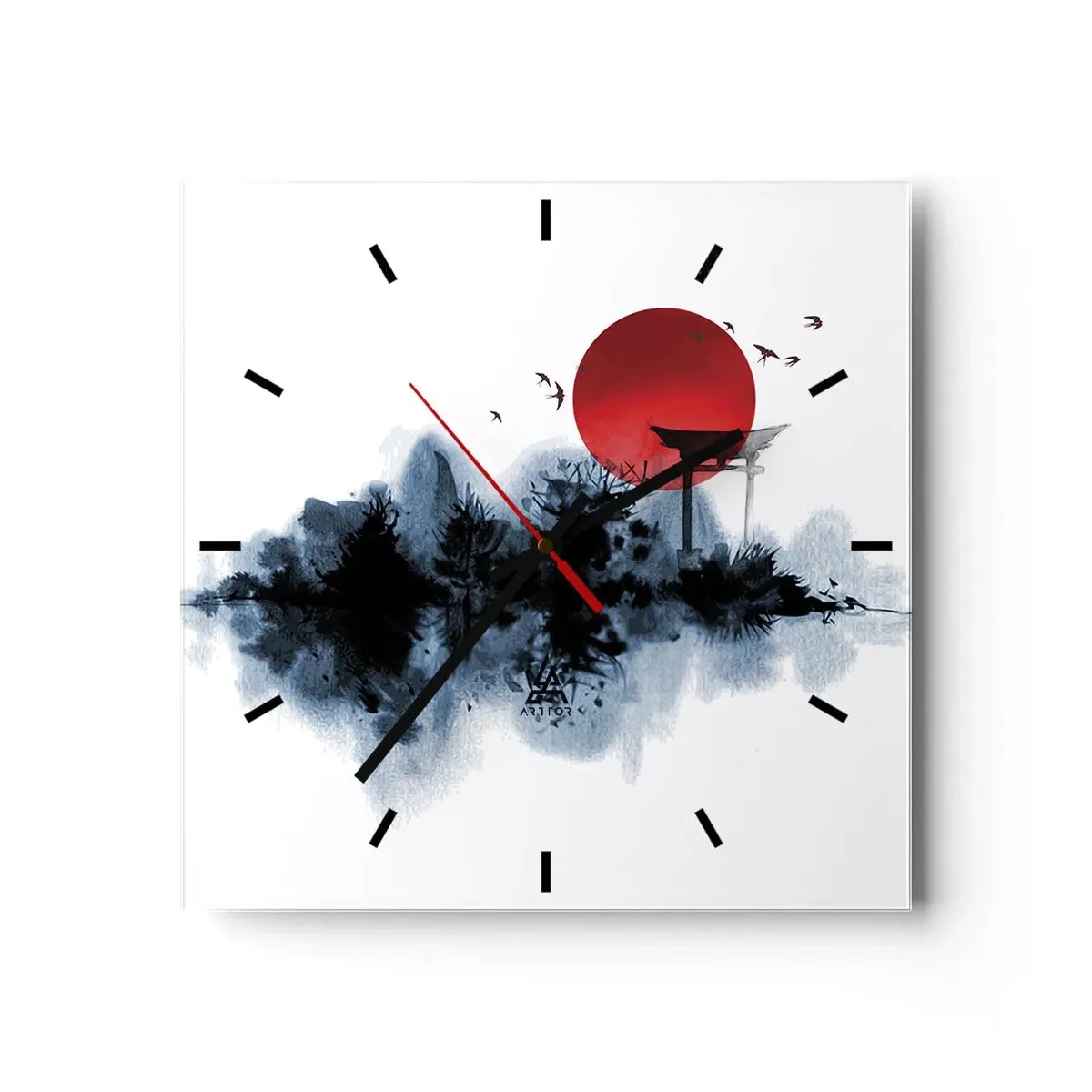 Horloge murale - Pendule murale - Soleil rouge sur un paysage pittoresque avec torii - 30x30cm - Vue japonnaise - Décoration murale moderne pour le salon et la chambre ARTTOR