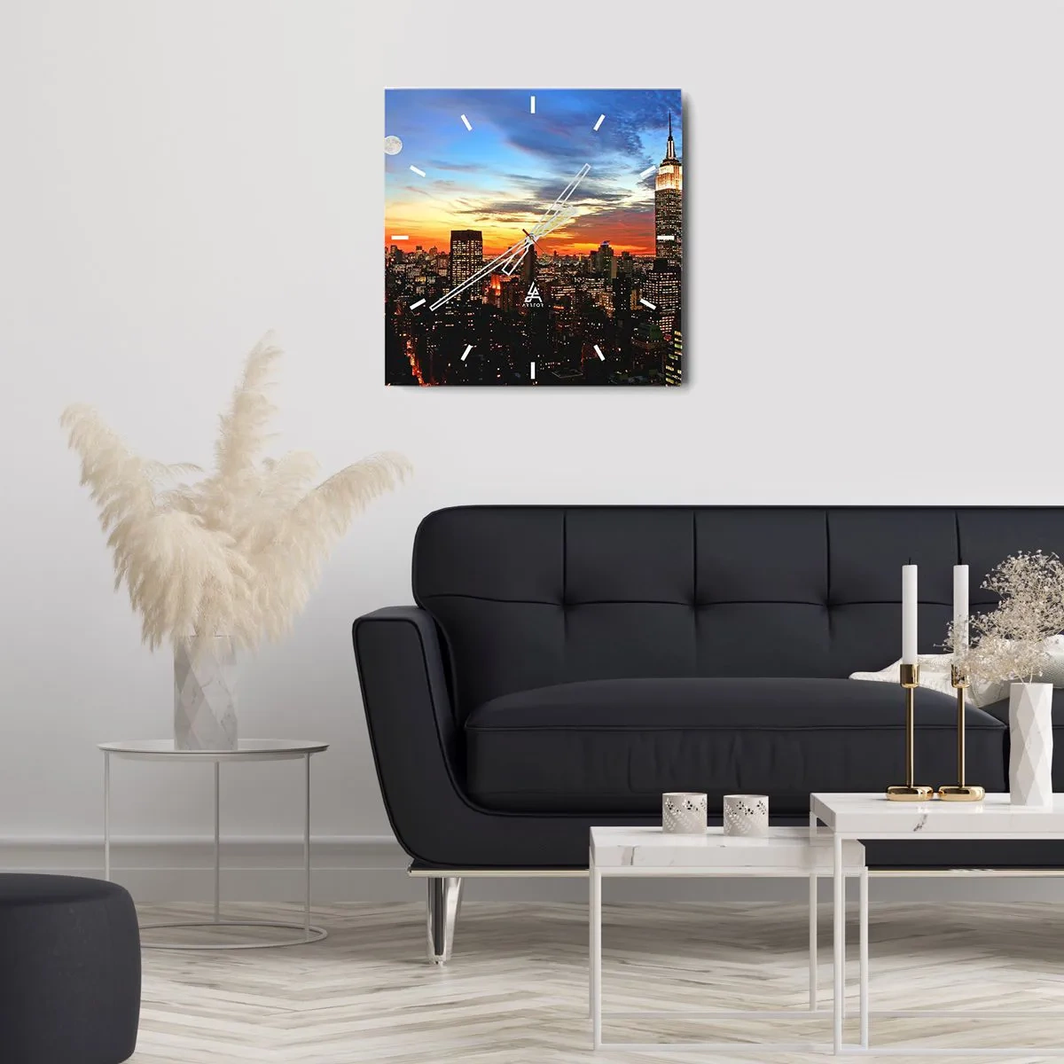 Horloge murale - Pendule murale - Panorama de la ville avec des gratte-ciel illuminés au crépuscule - 30x30cm - Nuit américaine lumineuse - Décoration murale moderne pour le salon et la chambre ARTTOR