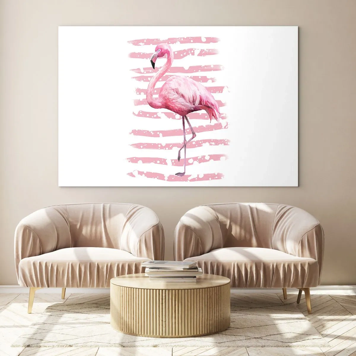 Impression sur verre - Image sur verre - Un flamant rose sur un fond de rayures roses artistiques. - 100x70cm - Avec dignité, bien qu'en rose - Décoration murale moderne pour le salon et la chambre ARTTOR